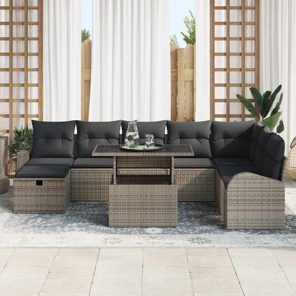 vidaXL Garten-Sofa-Set mit Kissen mit Speicher 9 pcs Grau Poly Rattan