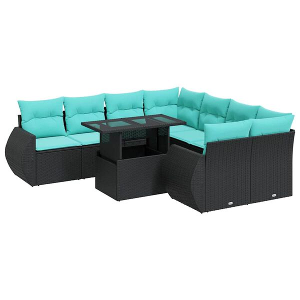 vidaXL 9-tlg. Garten-Sofagarnitur mit Kissen Schwarz Poly Rattan
