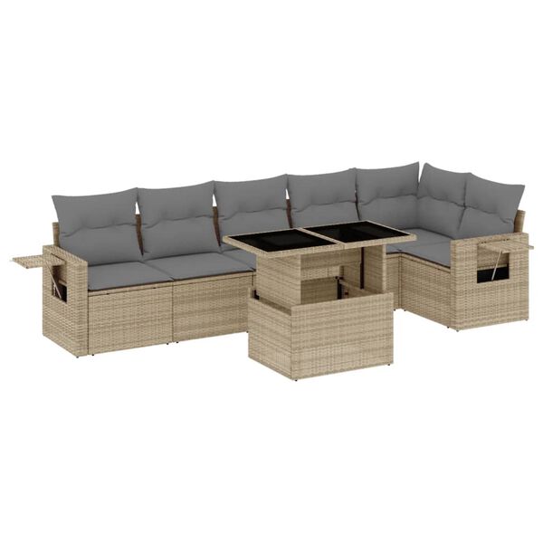 vidaXL 7-tlg. Garten-Sofagarnitur mit Kissen Beige Poly Rattan