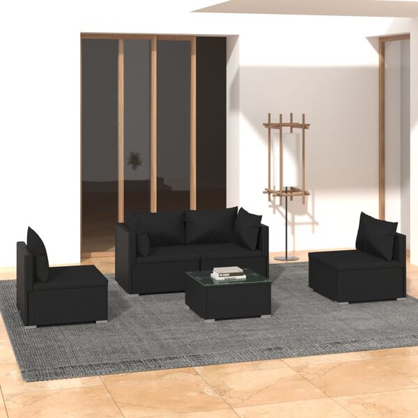 vidaXL 5-tlg. Garten-Lounge-Set mit Kissen Poly Rattan Schwarz