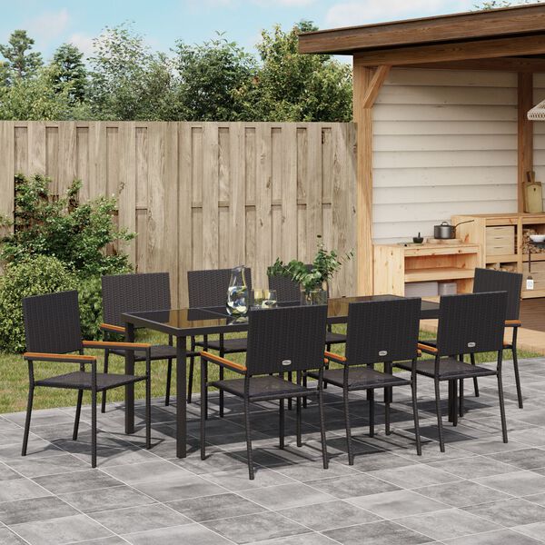 vidaXL Garten Essgruppe mit Kissen 9 pcs Schwarz Poly-Rattan