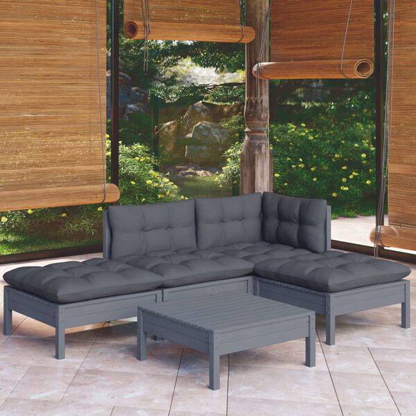 vidaXL 5-tlg. Garten-Lounge-Set mit Kissen Grau Kiefernholz