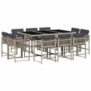 vidaXL 11-tlg. Garten-Essgruppe mit Kissen Hellgrau Poly Rattan