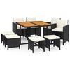vidaXL 9-tlg. Garten-Essgruppe mit Kissen Poly Rattan Schwarz