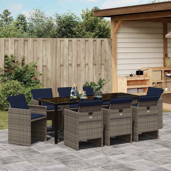 vidaXL Garten Essgruppe mit Kissen 9 pcs Grau Poly-Rattan