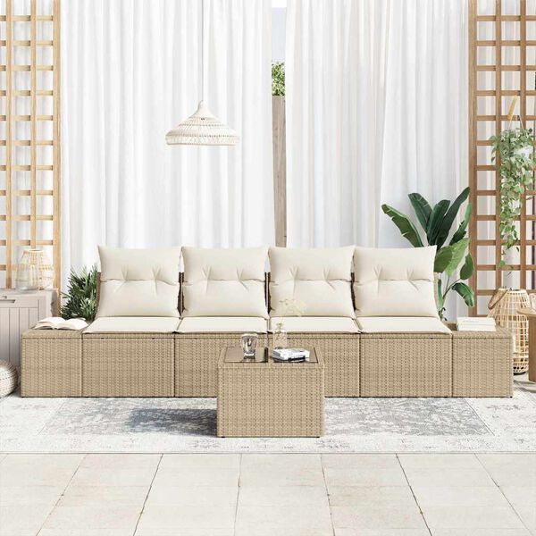 vidaXL Garten-Sofa-Set mit Kissen 5 pcs Beige und Creme Poly-Rattan
