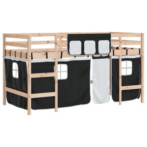 vidaXL Kinderhochbett mit Vorh&auml;ngen Wei&szlig; Schwarz 90x200cm Kiefernholz
