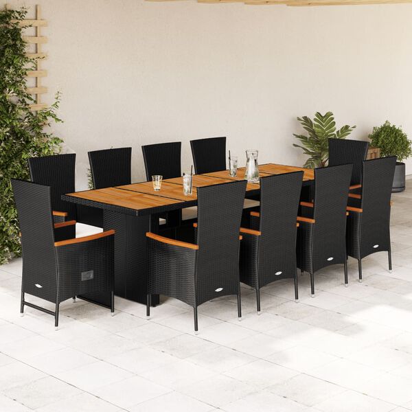 vidaXL 11-tlg. Garten-Essgruppe mit Kissen Schwarz Poly Rattan