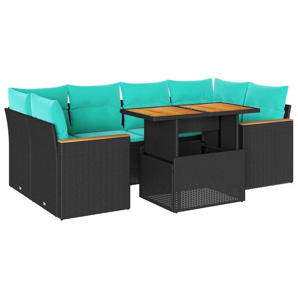 vidaXL 7-tlg. Garten-Sofagarnitur mit Kissen Schwarz Poly Rattan