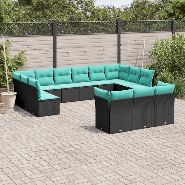 vidaXL 13-teiliges Gartensofa-Set mit Kissen, schwarzes Polyrattan