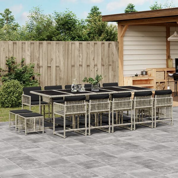 vidaXL 15-tlg. Garten-Essgruppe mit Kissen Hellgrau Poly Rattan