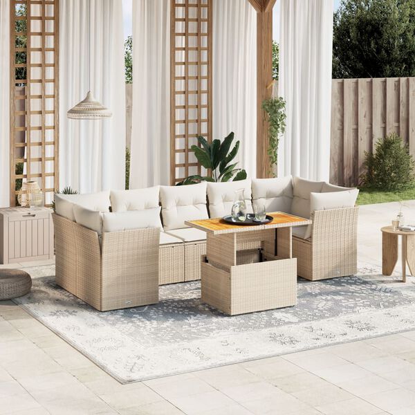 vidaXL 8-tlg. Garten-Sofagarnitur mit Kissen Beige Poly Rattan