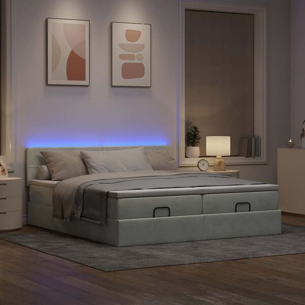 vidaXL Ottoman-Bett mit Matratzen & LEDs Hellgrau 180x200 cm Samt