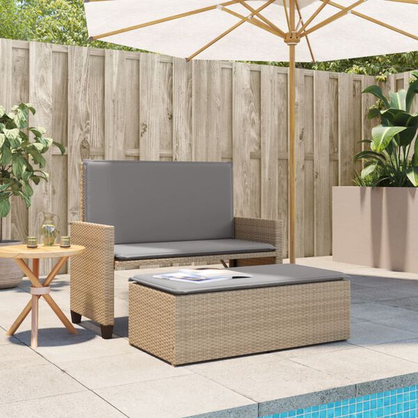 vidaXL Gartenbank mit Kissen und Hocker Beige Poly Rattan