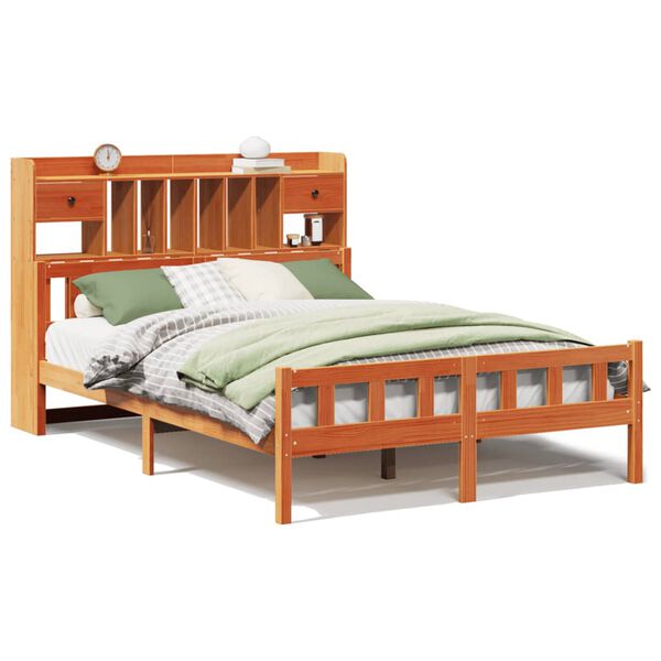 vidaXL Massivholzbett mit Regal ohne Matratze Wachsbraun 150x200 cm