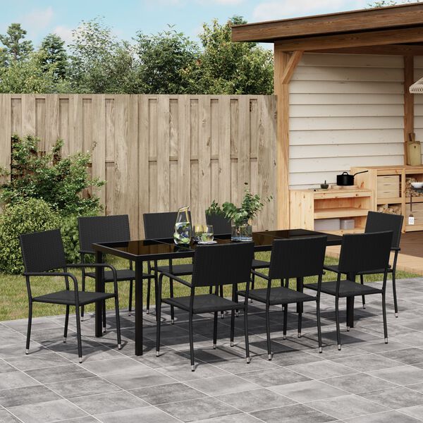 vidaXL Garten Essgruppe mit Kissen 9 pcs Schwarz Poly-Rattan