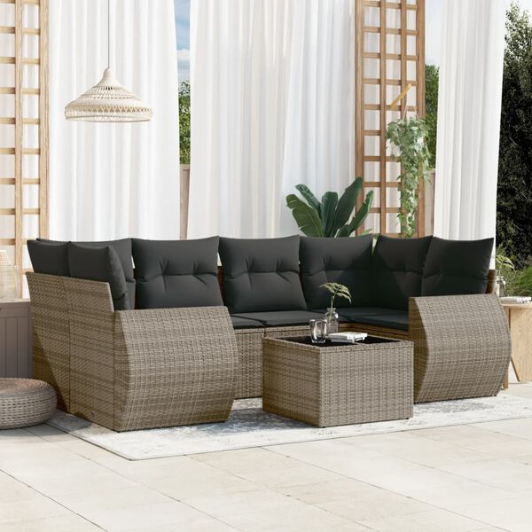 vidaXL 7-tlg. Garten-Sofagarnitur mit Kissen Grau Poly Rattan