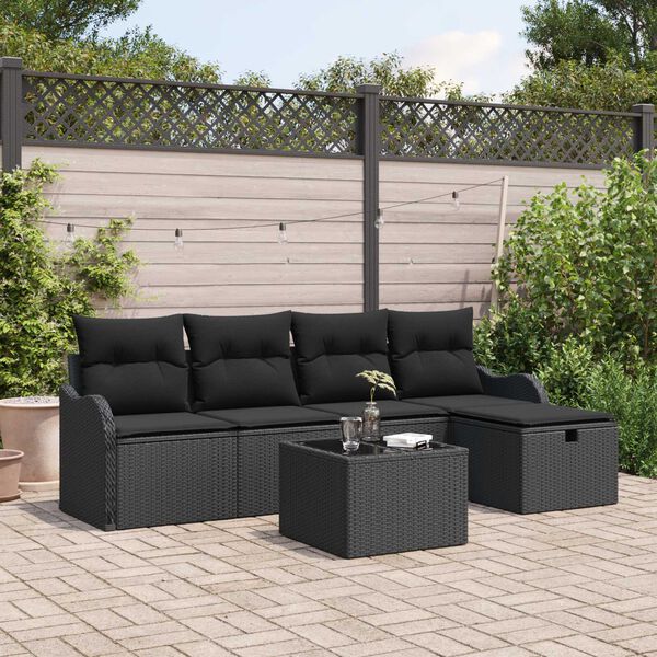 vidaXL Garten-Sofa-Set mit Kissen 6 pcs Schwarz Poly Rattan