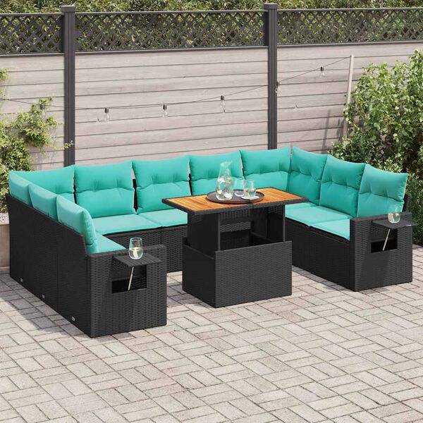 vidaXL 10-tlg. Garten-Sofagarnitur mit Kissen Schwarz Poly Rattan
