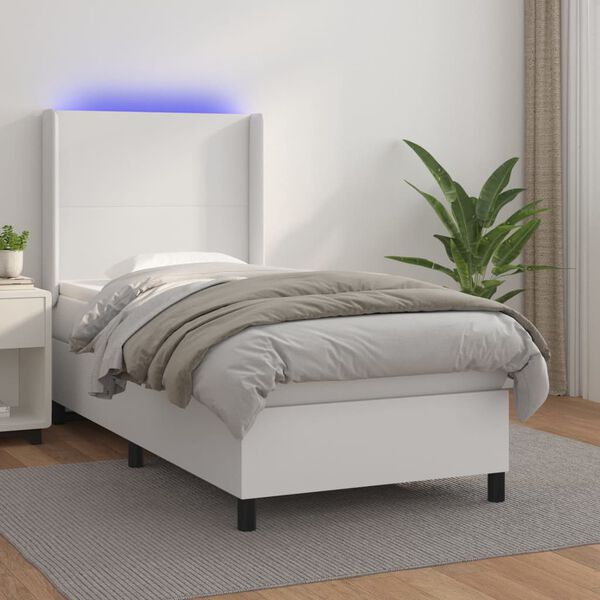 vidaXL Boxspringbett mit Matratze & LED Wei&szlig; 90x200 cm Kunstleder