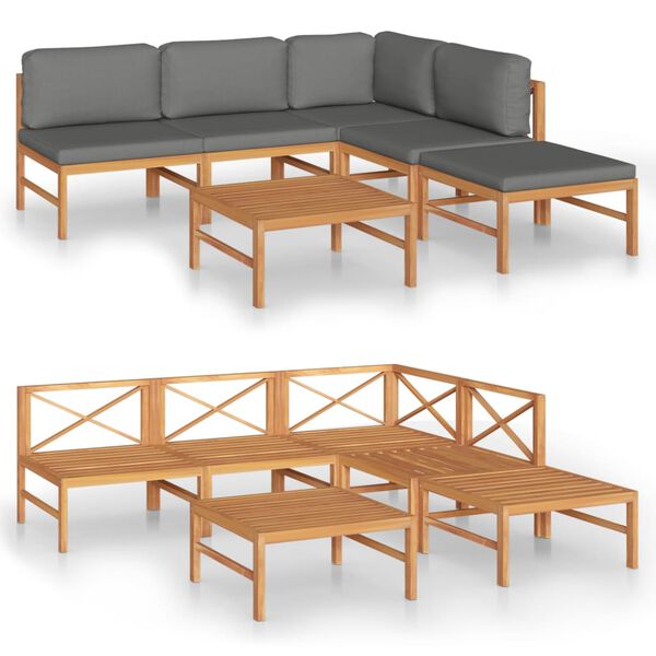 vidaXL 6-tlg. Garten-Lounge-Set mit Grauen Kissen Massivholz Teak