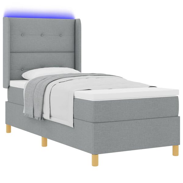 vidaXL Boxspringbett mit LED-Lichtleisten Hellgrau 90 x 200 cm Stoff