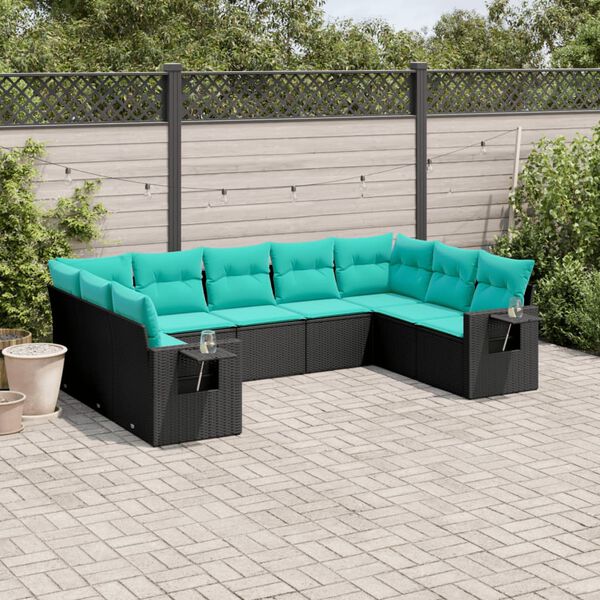 vidaXL 9-teiliges Gartensofa-Set mit Kissen, schwarzes Polyrattan