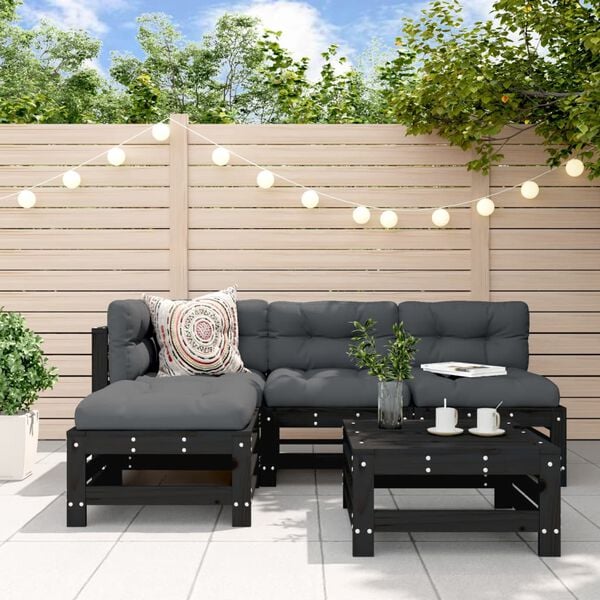 vidaXL 5-tlg. Garten-Lounge-Set mit Kissen Schwarz Massivholz