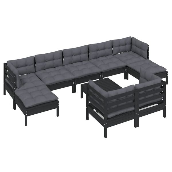 vidaXL 10-tlg. Garten-Lounge-Set mit Kissen Schwarz Kiefer Massivholz