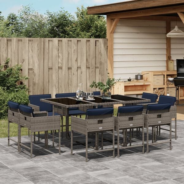 vidaXL 11-teiliges Garten-Ess-Set mit Kissen, grau, Polyrattan