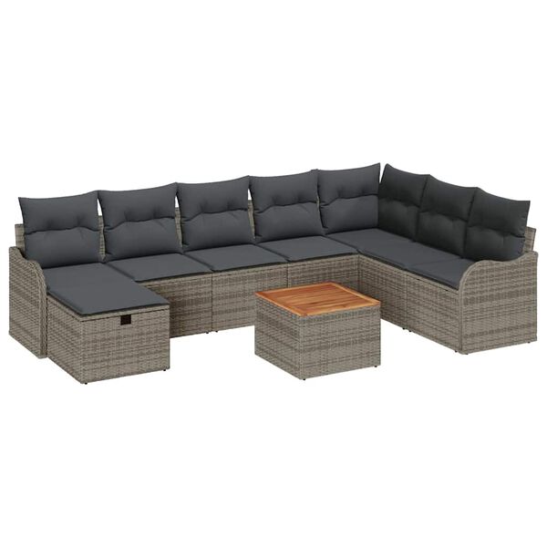 vidaXL Garten-Sofa-Set mit Kissen mit Speicher 9 pcs Grau Poly Rattan