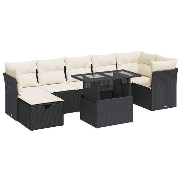 vidaXL 8-tlg. Garten-Sofagarnitur mit Kissen Schwarz Poly Rattan