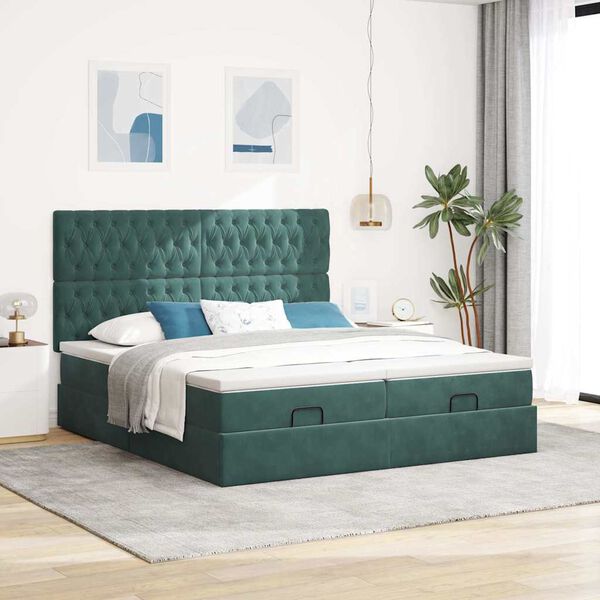 vidaXL Ottoman-Bett mit Matratzen & LEDs Dunkelgr&uuml;n 200x200 cm Samt