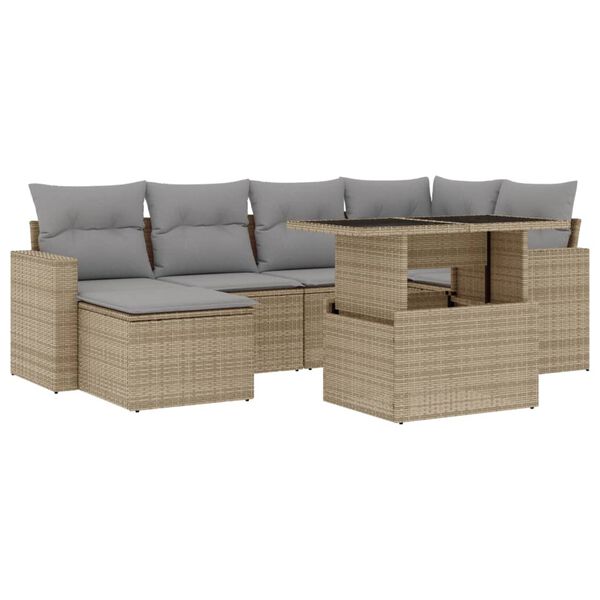 vidaXL 7-tlg. Garten-Sofagarnitur mit Kissen Beige Poly Rattan