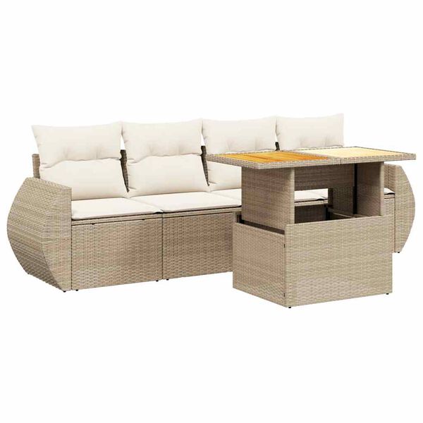 vidaXL 5-tlg. Garten-Sofagarnitur mit Kissen Beige Poly Rattan