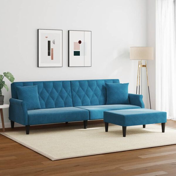 vidaXL Schlafsofa 2-Sitzer mit Kissen und Fu&szlig;hocker Blau Samt