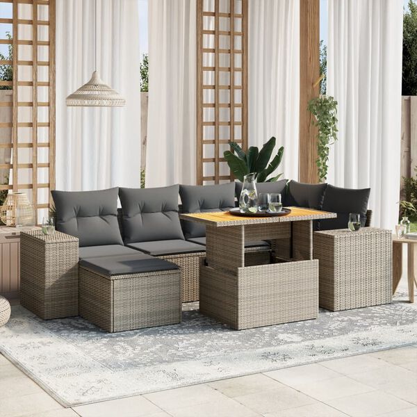 vidaXL 7-tlg. Garten-Sofagarnitur mit Kissen Grau Poly Rattan