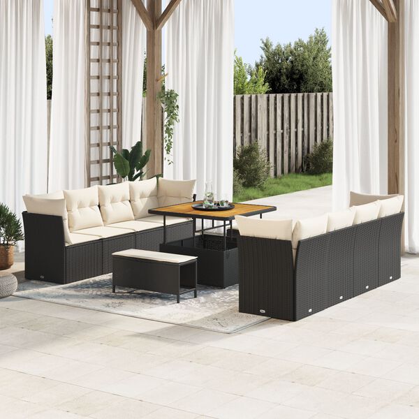 vidaXL Gartensofa-set mit Kissen 11 pcs Schwarz und Creme Poly-Rattan