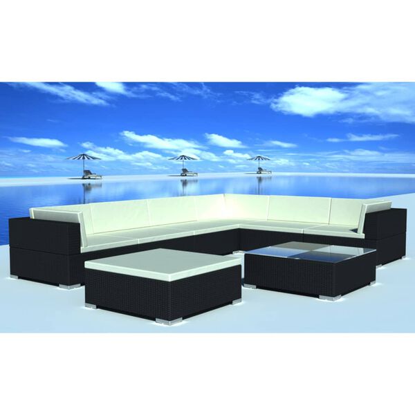 vidaXL 8-tlg. Garten-Lounge-Set mit Auflagen Poly Rattan Schwarz