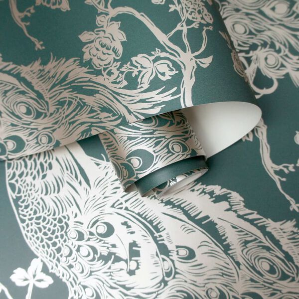 DUTCH WALLCOVERINGS Tapete Pfauen-Motiv Gr&uuml;n und Silbern