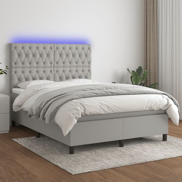 vidaXL Boxspringbett mit Matratze & LED Hellgrau 140x190 cm Stoff