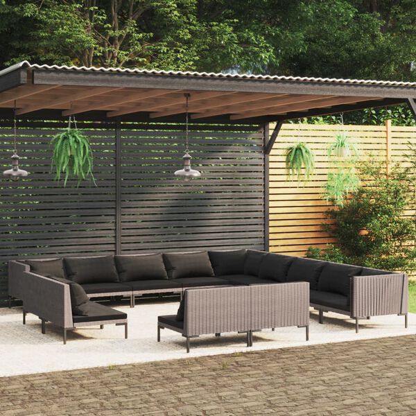vidaXL 13-tlg. Garten-Lounge-Set mit Kissen Poly Rattan Dunkelgrau