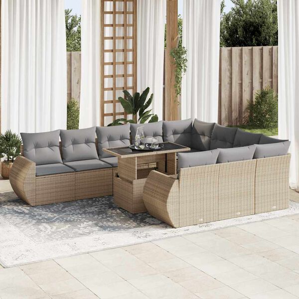 vidaXL 11-tlg. Garten-Sofagarnitur mit Kissen Beige Poly Rattan