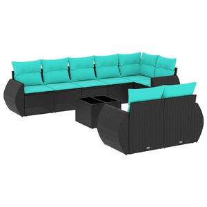 vidaXL 9-teiliges Gartensofa-Set mit Kissen, schwarzes Polyrattan