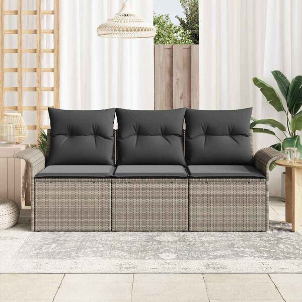 vidaXL Garten-Sofa-Set mit Kissen mit Speicher 3 pcs Grau Poly Rattan
