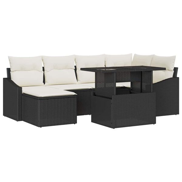 vidaXL Garten-Sofa-Set mit Kissen mit Speicher 7 pcs Schwarz und Creme