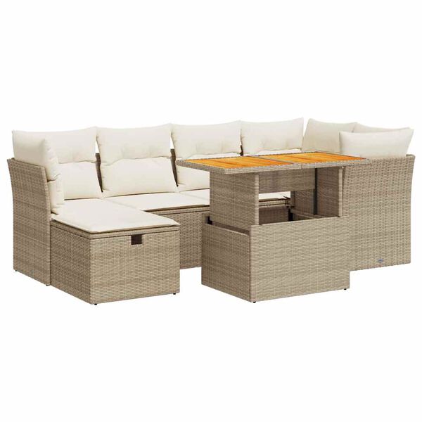 vidaXL 7-tlg. Garten-Sofagarnitur mit Kissen Beige Poly Rattan Akazie