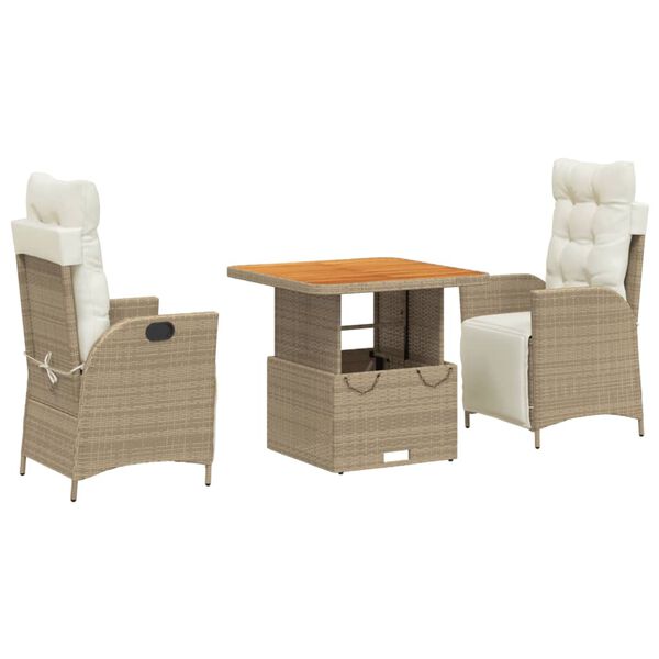 vidaXL 3-tlg. Garten-Essgruppe mit Kissen Beige Poly Rattan