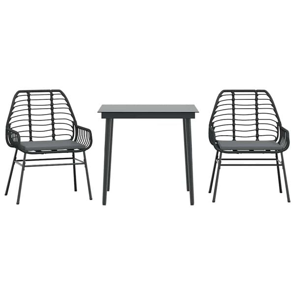 vidaXL 3-tlg. Garten-Essgruppe mit Kissen Schwarz Poly Rattan Glas