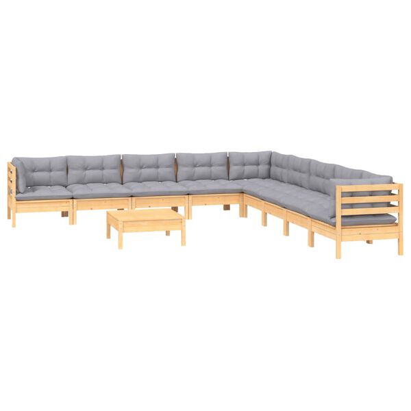 vidaXL 10-tlg. Garten-Lounge-Set mit Grauen Kissen Kiefer Massivholz